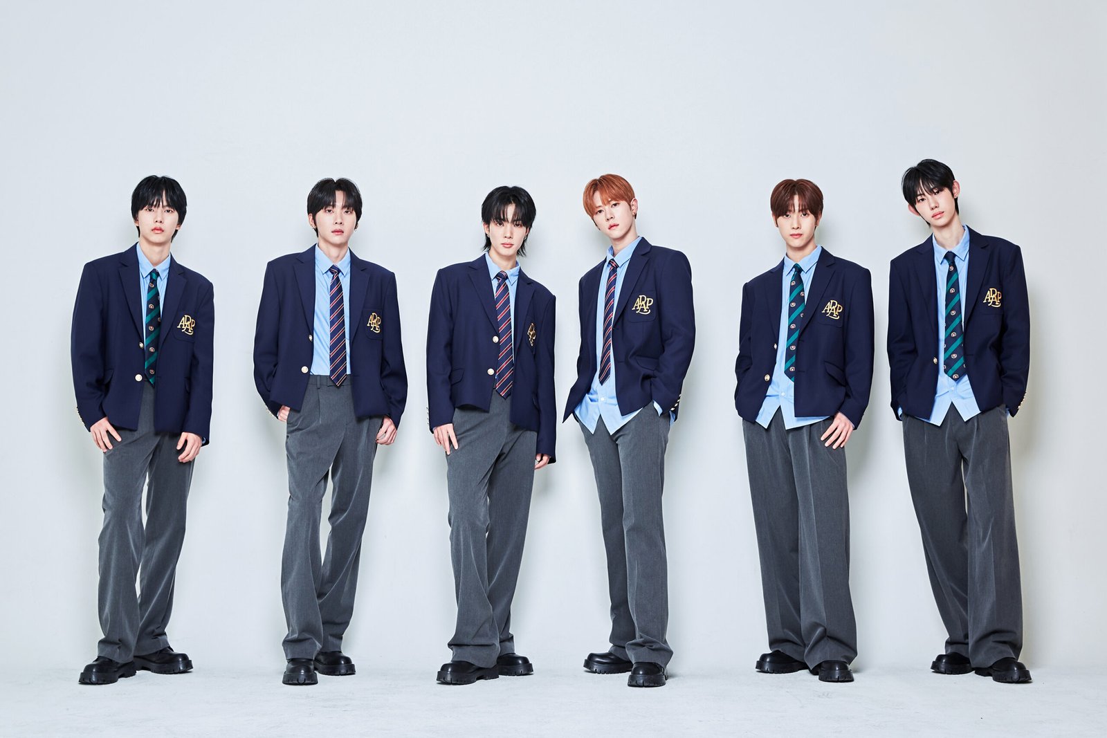 ADAP , ADAP group photo with all six members posing together, ADAP members Junseok Hyotae Jaeyoung Dowon Jongho Hyunsung, Junseok ADAP leader portrait, Hyotae ADAP main vocalist portrait, Jaeyoung ADAP dancer portrait, Dowon ADAP dancer vocalist portrait, Jongho ADAP rapper portrait, Hyunsung ADAP maknae portrait, ADAP performing at Japan showcase 2026, ADAP group concept photo