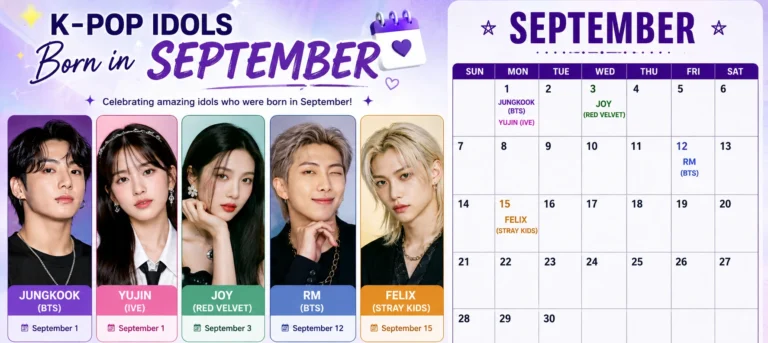 Collage of K-pop idols born in September including BTS Jungkook, IVE Yujin, Red Velvet Joy, and Stray Kids Felix