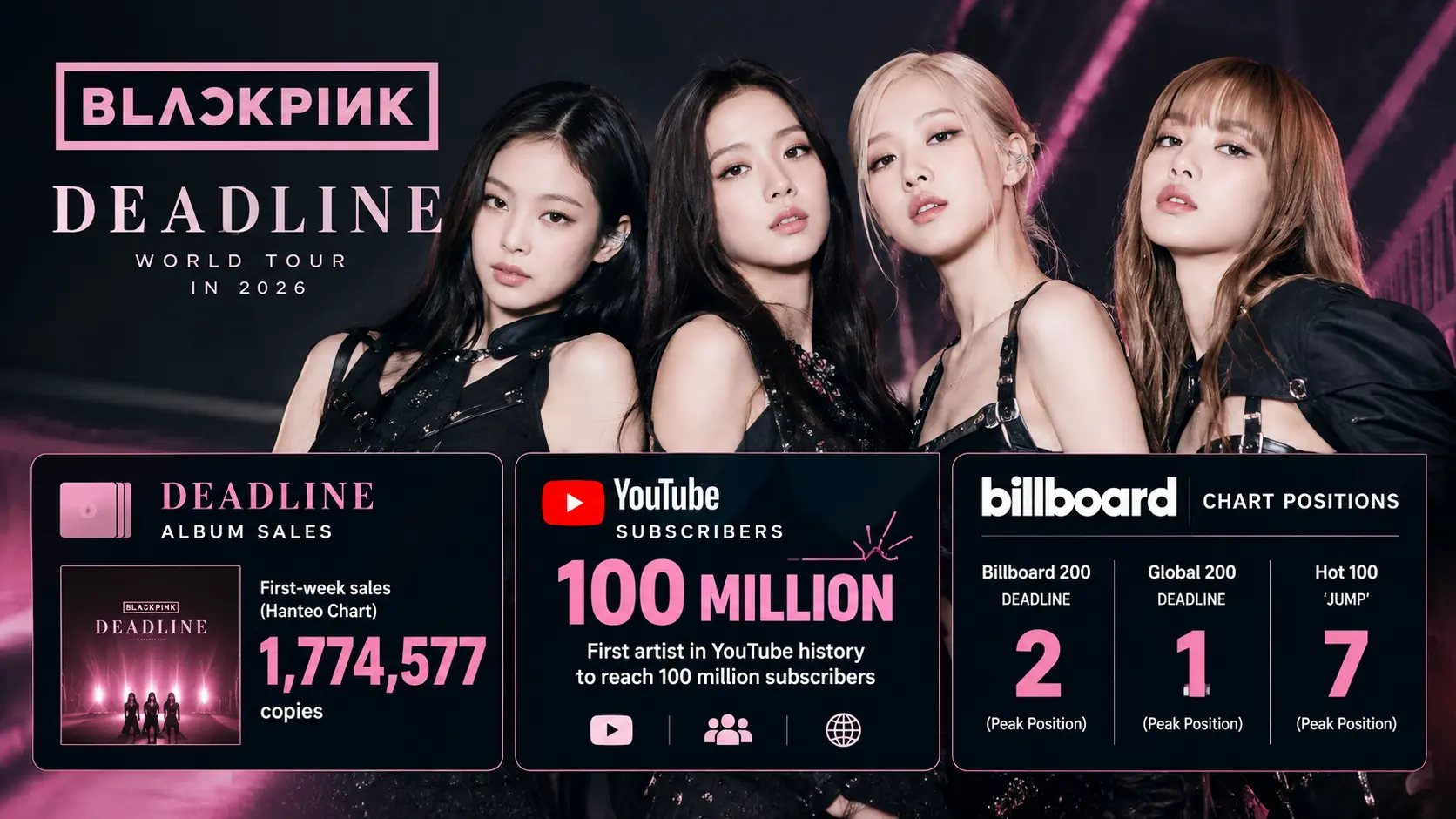 BLACKPINK , BLACKPINK awards 2026, BLACKPINK records 2026, BLACKPINK Billboard chart data, BLACKPINK DEADLINE album sales, BLACKPINK Spotify streams, BLACKPINK YouTube 100 million subscribers, BLACKPINK Guinness World Records, BLACKPINK solo statistics, BLACKPINK Jennie Billboard Hot 100, BLACKPINK Rosé APT chart performance, BLACKPINK Lisa solo records, BLACKPINK Circle Chart 2026, BLACKPINK Hanteo sales, BLACKPINK 10th anniversary, K-pop girl group records, BLACKPINK chart history, BLACKPINK Born Pink chart data, BLACKPINK member solo rankings, BLACKPINK global chart performance, BLACKPINK streaming milestones, BLACKPINK award wins list