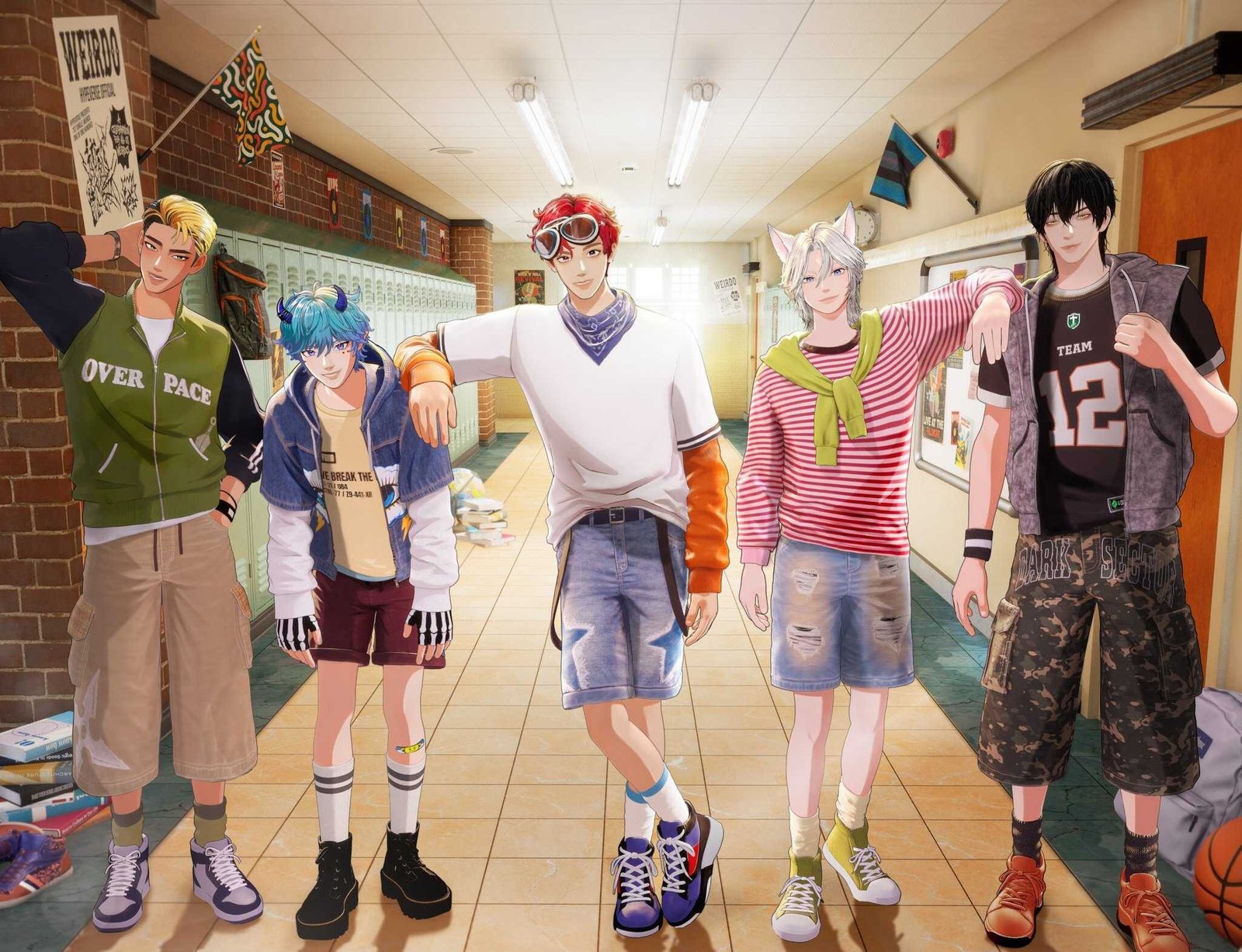 HYPEVERSE , HYPEVERSE five-member virtual K-pop group group photo , LEVIN HYPEVERSE member with red hair and goggles , ATO HYPEVERSE member with horns character design , TAKUMI HYPEVERSE member with blond hair and headphones , REN HYPEVERSE member in hooded jacket , KIRO HYPEVERSE member with silver hair appearing upside down , HYPEVERSE Weirdo music video comic book intro card , HYPEVERSE mascot characters PICO PICO GON GON BANI MARU SAHO , HYPEVERSE MAKO bulldog character dance cover , HYPEVERSE official logo and group branding,